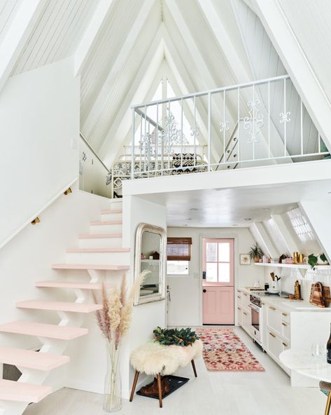 A Renovated A-Frame Near Lake Arrowhead Builds the Case for a Pink Front Door | Sunset Magazine Pink Front Door, Cabin Getaway, White Tile Backsplash, New Orleans Homes, Lake Arrowhead, Color Palette Bright, A Frame Cabin, Tiny House Movement, A Frame House