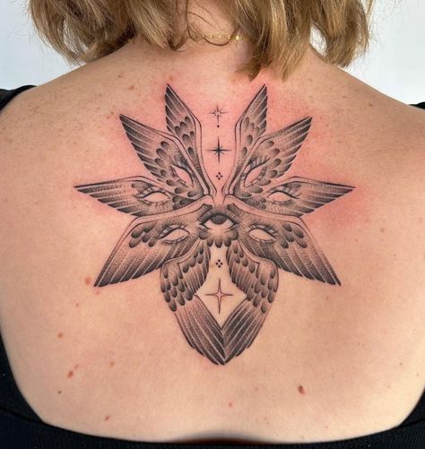 Angel Seraphim Tattoo, American Traditional Wings Tattoo, Seraph Angel Tattoo, Seraphim Back Tattoo, Seraphim Angel Tattoo Design, Flower With Wings Tattoo, Wing Design Tattoo, Angel Stomach Tattoo, Bible Angel Tattoo