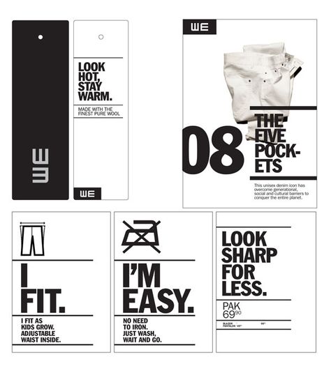 WE Fashion - Brand Identity by Denis Bégin, via Behance Hangtag Design, Mises En Page Design Graphique, Clothing Labels Design, Hang Tag Design, Brand Book, Wolfram, Editorial Layout, Clothing Line, Tag Design