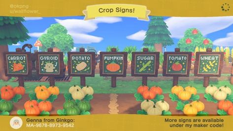 Animal Crossing Garden Codes, Crop Farming, Acnh Cottagecore, Animal Crossing Guide, Animal Crossing Wild World, Path Design, Island Theme, Qr Codes Animal Crossing, Tree Signs