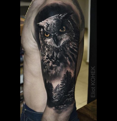 Realism half sleeve with an owl portrait and a forest. Tattoo by Eliot Kohek, an artist based in Annecy, France. Eliot Kohek, Forest Tattoo Sleeve, Tato 3d, Realistic Owl Tattoo, Owl Tattoo Sleeve, Owl Tattoo Drawings, Realistisches Tattoo, Forest Tattoos, Owl Tattoo Design