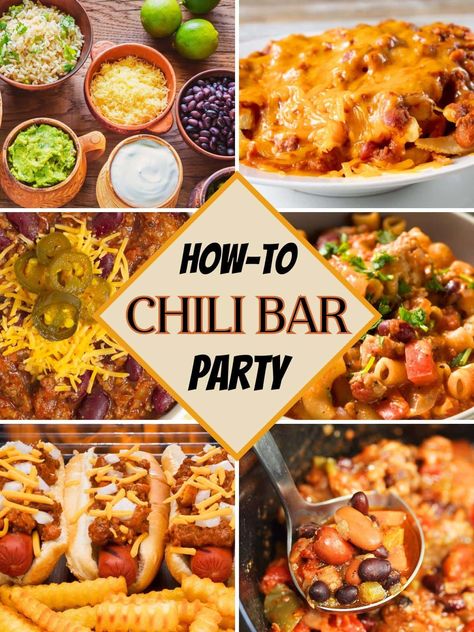 Charcuterie Board Ideas For Chili, Chili Themed Party Food Ideas, Chili Dinner Ideas Meals, Chili Ideas Parties, Chili Super Bowl Party, Chilli Dog Bar Party Ideas, Chili And Hot Dog Bar, Chili Football Party, Super Bowl Chili Bar