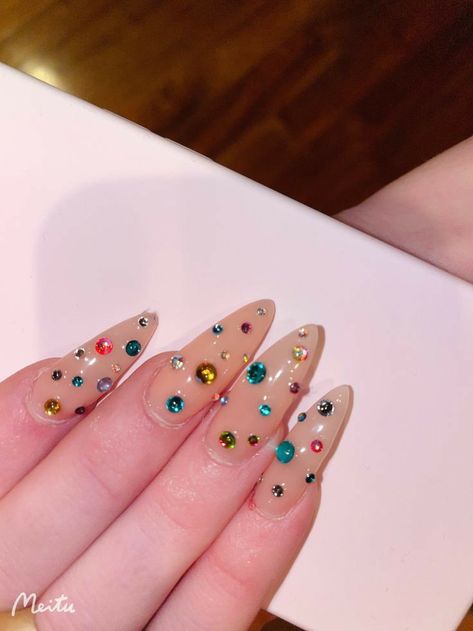 Sheer Nails With Rhinestones, Trendy Gel Manicure, Acrylic Nails Rhinestones Simple, Blinged Almond Nails, Colorful Jewel Nails, Bead Nails Designs, Jeweled Almond Nails, Minimalist Rhinestone Nail, Neon Nails With Gems