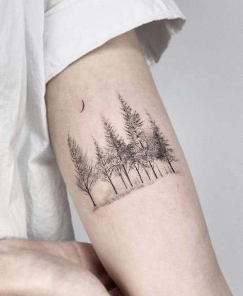 Snowy Tattoos, Simple Forest Tattoo Women, Feminine Forest Tattoo, Fine Line Large Tattoo, Feminine Pine Tree Tattoos, Forest Tattoo Minimalist, Nature Tattoos Minimalist, Nature Wrist Tattoo, Small Tree Tattoos