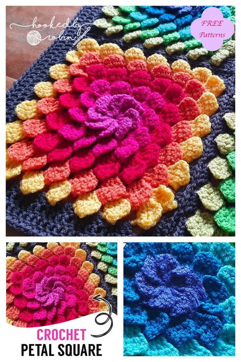 6 3D Petal Granny Square Crochet Patterns – FREE Unusual Granny Squares Free Pattern, 3d Granny Square Crochet Pattern, Crochet 3d Flowers Free Pattern Granny Squares, Crochet 3d Granny Square, 3d Granny Square Pattern, 3d Crochet Patterns, 3d Flower Granny Square, Crochet Learning, Granny Square Pattern Free