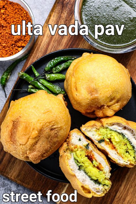 ulta vada pav recipe | street style inside out vada pav recipe Vada Pav Recipe, Hebbars Kitchen, Deep Fried Recipes, Pav Recipe, Hebbar's Kitchen, Indian Street Food Recipes, Pakora Recipes, Tasty Snacks, Chaat Recipe