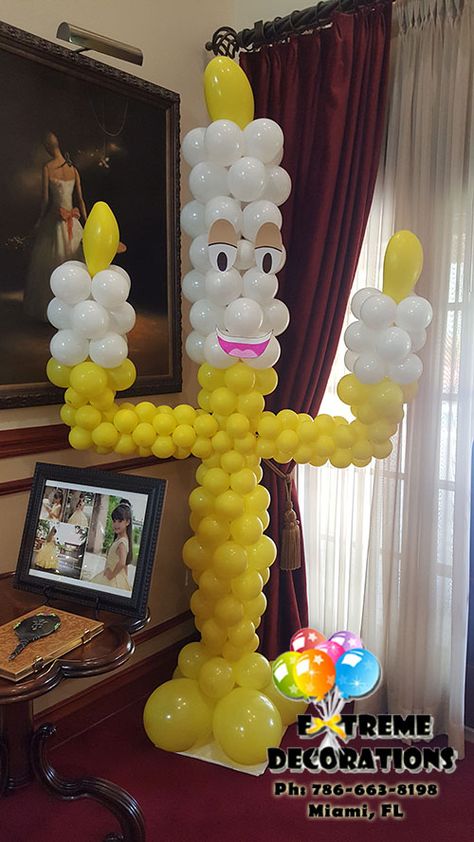 Beauty and the Beast Balloon  sculpture. Lumiere. Party decorations Miami. Princess Belle Party decorations ideas. Extreme Decorations Miami Ph: 786-663-8198 www.extremedecorations.com Princess Belle Party Decorations, Belle Party Ideas, Princess Belle Party, Belle Birthday Party, Party Decorations Ideas, Beauty And Beast Birthday, Beauty And Beast Wedding, Beauty And The Beast Theme, Belle Birthday