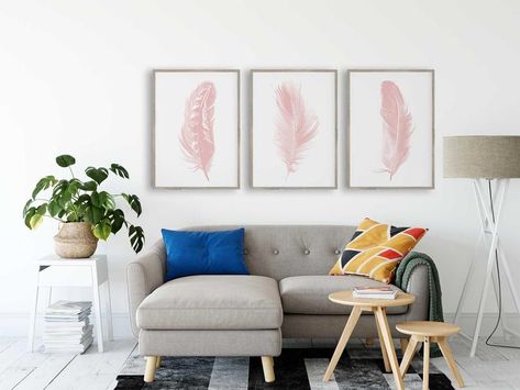 Feather Home Decor, Art Prints Pink, Wall Print Set, Blush Walls, Feather Wall Decor, Artwork Contemporary, Prints Pink, Virtual Hug, Set Of 3 Wall Art