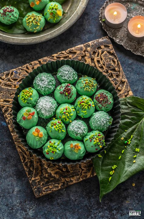 Paan Cheesecake Truffles Easy Indian Dessert, Diwali Recipes, Cheesecake Truffles, After Dinner Mints, Taste Of Love, Dinner Mints, Chocolate Melting Wafers, Diwali Sweets, Vegetarian Menu