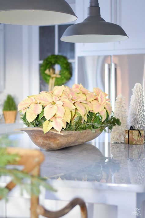 white-modern-farmhouse-kitchen-with-white-carrara-marble-and-white-herringbone-backsplash-christmas-deocr-for-the-kitchen-vintage-barn-pendants-large-dough-bowl-4 Christmas Doughbowl Centerpiece, Christmas Deocr, December Decor, Dough Bowl Centerpiece, Botanical Christmas, White Poinsettia, Welcome To Christmas, Kitchen Tour, Kitchen Christmas