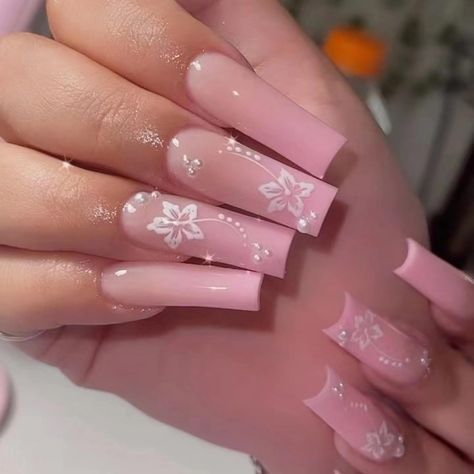 Ombre Acrylic Nails With Design, Pink Nails With Nail Art, Ombre Nails With Flowers, Ombre Nails Square, Nails Pink And White, Bedazzled Nails, Press On Nails Square, Matching Nails, Emerald Nails