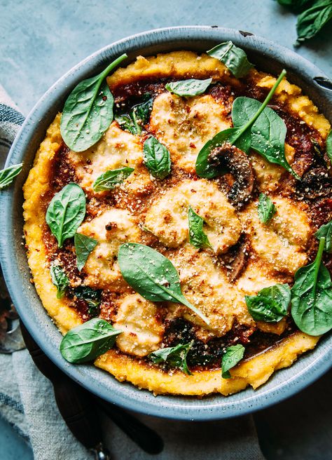 SPINACH & MUSHROOM POLENTA PIE WITH ALMOND RICOTTA » The First Mess // Plant-Based Recipes + Photography by Laura Wright Polenta Pie, Almond Ricotta, Mushroom Polenta, Spinach And Mushroom, Vegan Spinach, Laura Wright, Spinach Mushroom, Vegan Holiday Recipes, Vegan Holiday