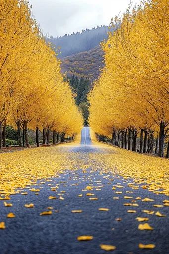 ↑↑↑ Larger size on website 🔸 A paved road winds through a tunnel of vibrant yellow trees, their leaves blanketing the ground in a Yellow Spring Road, Yellow Road, Leaf Blanket, Yellow Tree, Yellow Springs, Winding Road, Autumn Landscape, The Road, Trees