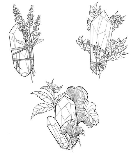 Plant And Crystal Tattoo, Witchy Tattoo Designs Drawings, Sage Crystal Tattoo, Crystals Tattoo Design, Crystal Bouquet Tattoo, Lavender Crystal Tattoo, Crystal With Flowers Tattoo, Crystal Bundle Tattoo, Crystal Sage Tattoo