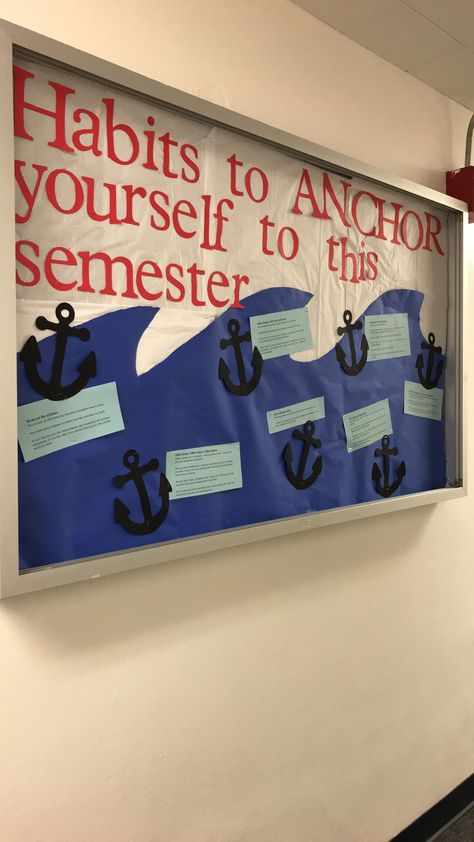 Habit to anchor yourself to this semester Airplane Bulletin Board Ideas, Nautical Bulletin Board Ideas, Anchor Bulletin Board, Life Skills Bulletin Board, Bulletin Boards For School, Boards For School, Nautical Bulletin Boards, Dorm Bulletin Boards, School Counseling Bulletin Boards