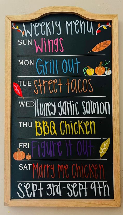 Weekly Menu Chalkboard Ideas, Weekly Menu Chalkboard, Chalkboard Menu Ideas, Handwritten Menu Board, Family Planner Chalkboard, Menu Board Design Chalkboard Signs, Menu Board Ideas, Weekly Dinner Menu Chalkboard, Chalkboard Specials Menu Boards