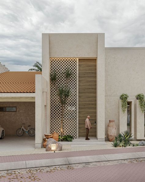 Casa Kukul, Merida, Mexico by KAMA Talle|Visualization Villa Entry Design, Salmani Architecture, Villa Facade Design, Contemporary Mediterranean, Merida Mexico, Mexico House, Mediterranean Architecture, Modern Villa Design, Townhouse Designs