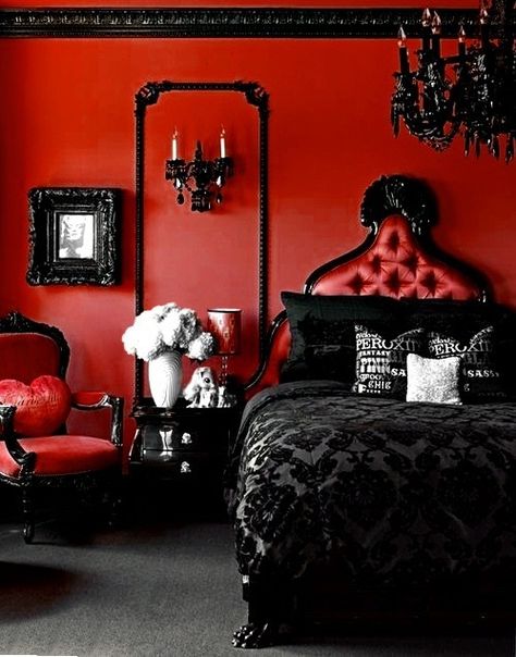 Red walls with black accents / red and black bedroom Red Bedroom Walls, Gothic Bedroom Ideas, Gothic Room, Gothic Bedroom, Black Bedroom Furniture, Black Room, Black Bedroom, Bedroom Red, Bedroom Black