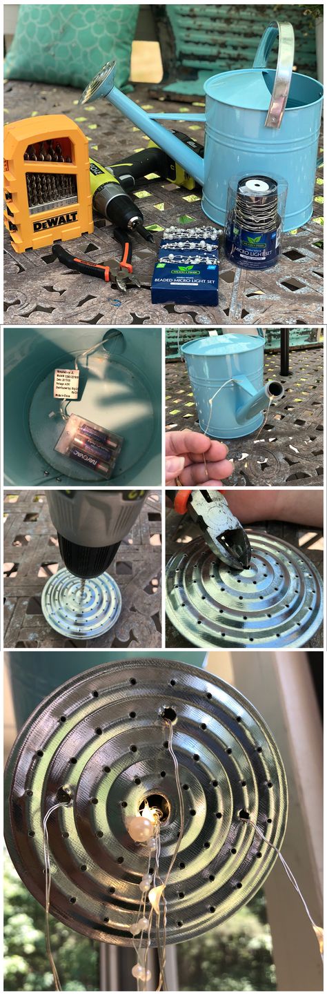 DIY Fairy Lights Pouring from a Watering Can - Beth Bryan Watering Can Fairy Lights, Watering Can With Lights Pouring Out, Water Can With Lights Pouring Out, Diy Watering Can With Lights, Watering Can With Lights, Fall Gardens, Watering Cans, Outdoor Crafts, Backyard Paradise