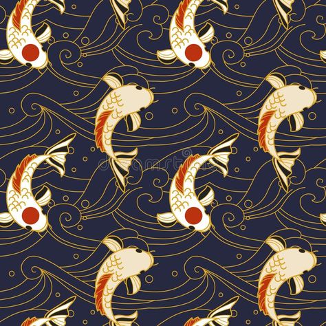 Vector seamless pattern with koi fish and waves in japanese style. Hand drawn vector backdrop in oriental style. Decorative fish in pond vector illustration Fish In Pond, Waves Japanese, Cute Shower Curtains, Samurai Anime, Japanese Fish, Japanese Koi, Fish Illustration, Fabric Shower Curtain, Fish Patterns