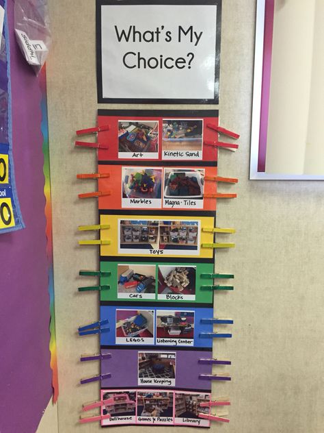 Choice Chart Preschool, Head Start Classroom Setup, Threes Classroom Ideas, Kindergarten Check In System, Ideas For Centers In Preschool, Prek Center Choice Board, 3k Classroom Centers, Check In Board Classroom Preschool, Class Behavior System