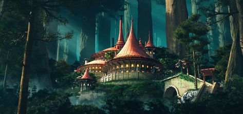 ArtStation - Redwood Sanctuary, Tomi Väisänen Forest City Concept Art, City Concept Art, Forest Sanctuary, Mystical Places, Forest City, Redwood Forest, Fantasy Forest, Fantasy City, Fantasy Places