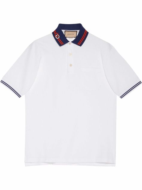 White/dark blue/red stretch-cotton Interlocking G polo shirt from GUCCI featuring piqué weave, signature Interlocking G logo, stripe detailing, spread collar, short front button fastening, short sleeves and straight hem. Polo Shirts For Men, White Shirt Men, G Logo, Polo Shirt White, Mens Golf, Golf Polo, Polo Shirts, White Tshirt, Stretch Cotton