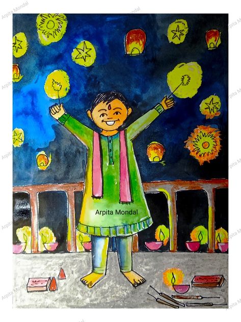 Diwali Easy Drawing, Diwali Drawing For Kids Easy, Diwali Drawing For Kids, Subject Drawing, Drawing For Kids Easy, Paintings Creative, Diwali Drawing, Kid Drawing, Hindi Calligraphy