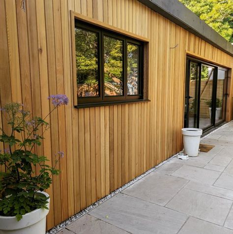 Timber garden room Cedar Cladding House, Outdoor Cladding, Western Red Cedar Cladding, Cedar Tongue And Groove, Decking Screws, Cedar Cladding, Timber Cladding, Front Elevation, Tongue And Groove