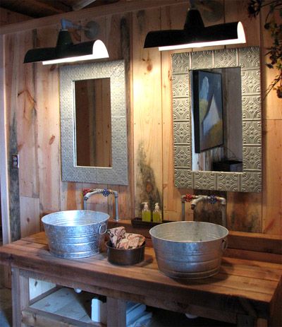 galvanized buckets for sinks....kitsch it up in the vacation home....it makes it so much more interesting! Rustic Bathroom Sinks, Sand Creek Post And Beam, Galvanized Buckets, Cabin Interiors, Rustic Bathrooms, Rustic Bathroom, Farmhouse Bathroom, Barn House, Log Homes