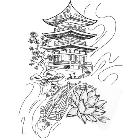 Japanese Garden Design Tattoo, Japanese Garden Tattoo, Chinese Traditional Tattoo, Japanese Temple Tattoo, Dragon Tattoo Drawing, Tattoo Perna, Temple Tattoo, Arm Sleeve Tattoos For Women, Buddha Tattoo Design