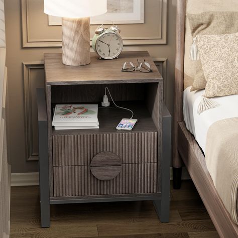 PRICES MAY VARY. 【Textured Elegance】:This modern nightstand features a distinctive ribbed texture on its drawer fronts, the intricate detailing of the vertical grooves enhances its contemporary aesthetic, while the round handles soften the overall line feel, making this piece both functional and visually striking, adding a layer of sophistication and tactile appeal to your space decor. 【Charging Station】: This two-drawer accent nightstand includes one USB、one Type-c and 2 outlets that ensures ov Gray Nightstand Bedroom, Fluted Nightstand, Accent Nightstand, Fluted Sideboard, Unique Nightstands, Bedroom Night Stand, Nightstand Makeover, Unique Nightstand, Gray Nightstand