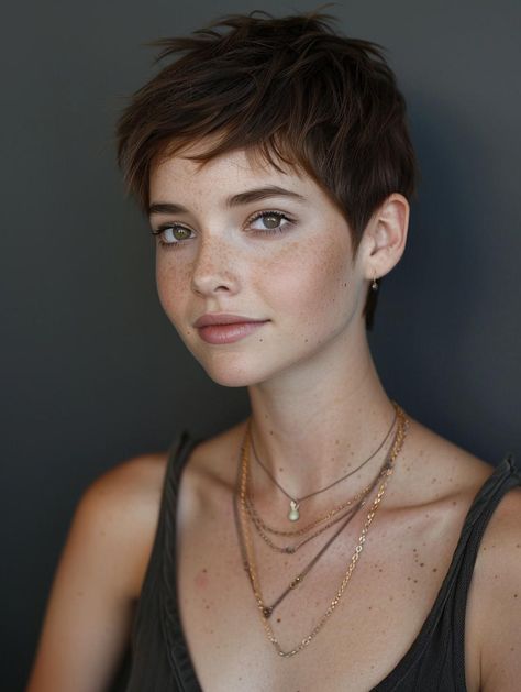 Pixie Haircut Short Sides, Pixie Light Brown Hair, Wash And Go Pixie Haircut, Pixie Cut Highlights, 80s Pixie Cut, Pixie Cut For Thinning Hair, Pixie Haircut Straight Hair, 2024 Pixie Cut, Low Maintenance Pixie Haircut