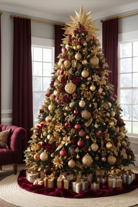 27 Aesthetic Christmas Tree Decoration Ideas for The Dreamy Christmas Tree Of All Time #christmasdecor #blueandwhite #christmastree #christmasideas Deep Red And Gold Christmas Decor, Christmas Tree Color Schemes Gold, Christmas Tree Elegant Beautiful, Burgundy And Champagne Christmas Tree, Christmas Tree Ideas Burgundy, Burgundy Gold Christmas Tree, Champagne And Red Christmas Tree, Burgundy And Gold Christmas Tree, Christmas Tree Red And Gold