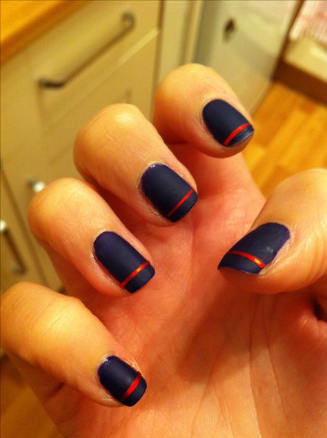 Navy matte manicure with red stripe #nailart #nailtape #nails Navy Red Nails, Dark Blue And Red Nails, Red And Navy Nails, Navy And Red Nails, Navy And Orange Nails, Usmc Nails, Matte Manicure, Red Tip Nails, Ball Nails