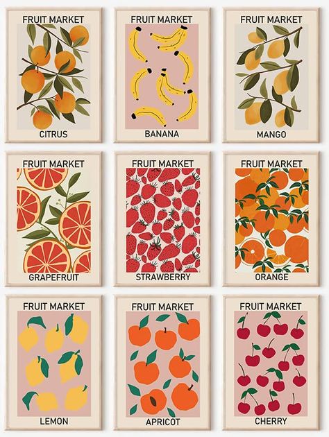 PRICES MAY VARY. 【Fruit Market Wall Art Prints】 The size of the fruit print is: 8x10inch (20x25cmx9pcs). Bring a burst of color to your walls with this set of 9 abstract colorful fruit posters. These prints feature bright and vivid colors that will instantly grab attention and add a lively atmosphere to any room. 【Pefect Posters for Room Aesthetic Decor】 Perfectly suited for various rooms in your home, these Fruit Market Prints can be displayed in the Dining Room, Nursery, Living Room, or Hallwa Kitchen Gallery Wall, Fruit Market, Dining Room Art, Orange Wall Art, Nordic Poster, Canvas Wall Hanging, Plakat Design, Fruit Painting, Gallery Wall Decor