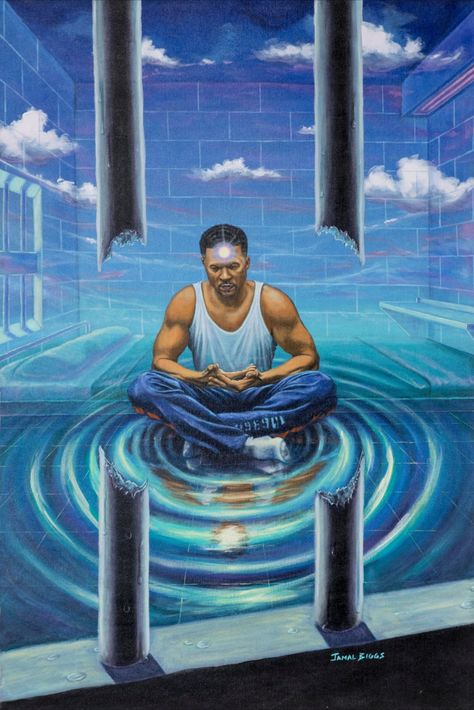 a realistic colored pencil drawing of a self portrait of a man sitting cross-legged in rippling water with a shining light emitting from his forehead Arts Project, Systems Art, Prison Art, Mass Incarceration, Colossal Art, Modern Crafts, Art Community, Web Magazine, Artist Style