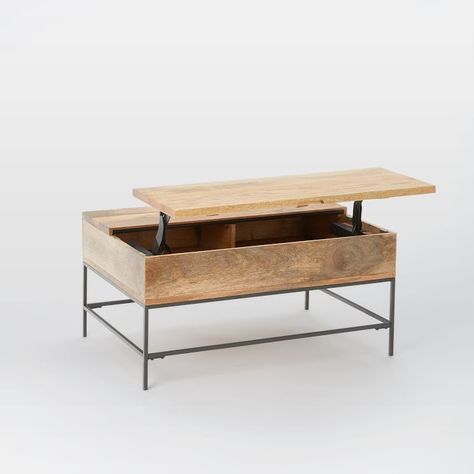 Industrial Storage Pop-Up Coffee Table | West Elm Pop Up Coffee Table, West Elm Coffee Table, Rectangle Coffee Table Wood, Apartment Storage, Reclaimed Wood Coffee Table, Industrial Living, Industrial Livingroom, Industrial Coffee Table, Coffee Table Rectangle