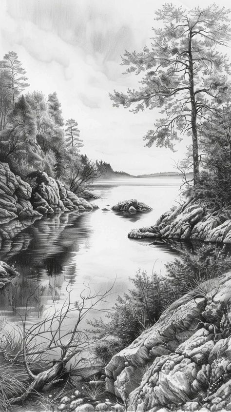 Scenic Sketches, Landscape Drawing Ideas, Drawing Ideas Inspiration, Landscape Pencil Drawings, Drawing Scenery, Landscape Sketch, Landscape Drawings, Landscape Art, Pencil Drawings