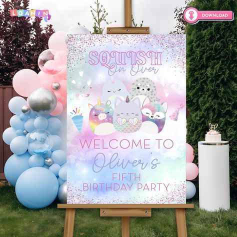 🎂 Welcome guests to your girl's special day with our printable Squishmallow birthday welcome sign! Perfect for a Squish party, this adorable sign features the beloved Squishmallow characters, adding a touch of cuteness to your birthday decor. It's an ideal way to greet guests and set the tone for a fun and cozy celebration. Simply print and display to create a warm and inviting atmosphere that will make your child's birthday extra memorable! What You'll Receive:  🌟 Charming Design: A beautiful Diy Squishmallow Party Decorations, Squishmallow Birthday Party, Squishmallow Party, Squish Mallow, Squish Mellow, Birthday Welcome Sign, Girl Decor, Birthday Decor, Party Birthday