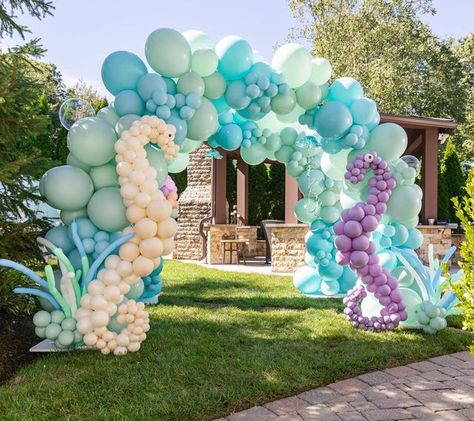 Mermaid Party At The Park, Under The Sea Arch, Underwater Theme Birthday Party, Under The Sea Gender Reveal, Underwater Decorations, Underwater Birthday Party, Underwater Party Decorations, Sea Birthday Party Decorations, Surf Birthday Party