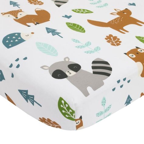 Nursery Bedding Girl, Woodland Creatures Nursery, Nursery Theme Ideas, Woodland Crib Bedding, Crib Accessories, Woodland Crib, Animal Outline, Grey Bed, Colorful Animal Print