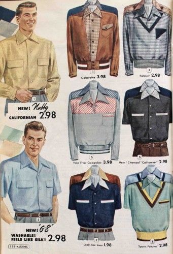 A mix of sport knits, button downs, and pullover shirts . Sport shirts were made of knit or pre-shrunk cotton and synthetic fabrics that washed and wore easily. “No iron” needed was a big selling point, mostly for house wives who were the primary purchasers of men’s shirts. 1950s Mens Clothing, 1950s Casual, 1950s Mens Fashion, 1950s Clothing, 1950s Mens, 1950s Outfits, Design Moda, Look Retro, Vintage Mens Fashion