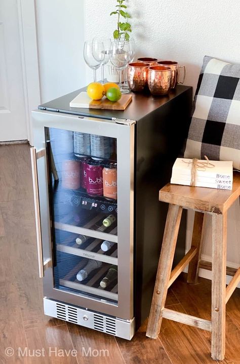 Small Wine Fridge Free Standing, Beverage Fridge In Basement, Wine And Drink Fridge, Pantry Drink Fridge, Wine Beverage Fridge, Small Beverage Fridge, Beverage Fridge Ideas, Wine And Beverage Fridge, Mini Fridge In Living Room Ideas