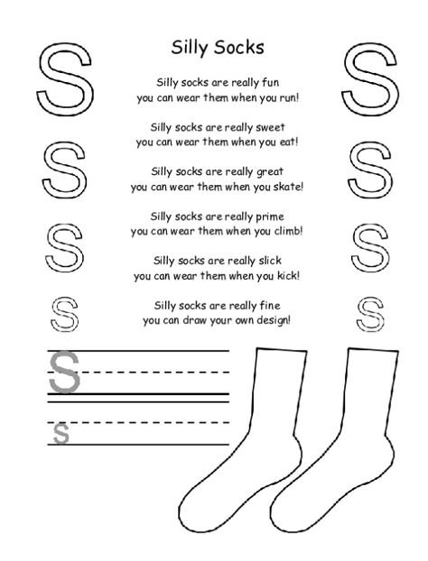 Rhyming, moving, coloring and silliness...How can your class resist? Your students will love reading and moving with a poem, writing the letter S, and designing their own socks! English Abc, Preschool Poems, Poem Writing, Early Childhood Special Education, Silly Socks, Writing Lesson Plans, The Letter S, Finger Plays, Early Childhood Classrooms