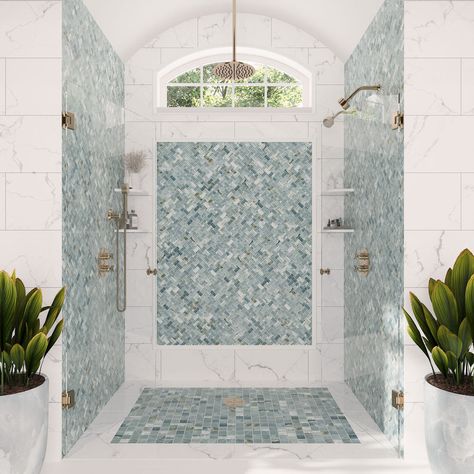 Blue Shower Tile, Tiled Bathroom, Luxury Bathroom Tiles, Bathroom Projects, Green Mosaic, Tile Store, Unique Tile, Backsplash Designs, Mosaic Pattern