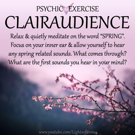 ღ PSYCHIC EXERCISE ღ Relax & quietly meditate on the word "SPRING". Focus on your inner ear & allow yourself to hear any spring related sounds... What comes through? What are the first sounds you hear in your mind? Sending you love, dear souls!😊🙏   #spiritual #psychic #clairaudience #spring #pink #sky Clairaudience Exercises, Psychic Exercises, Clair Senses, Clairvoyant Psychic Abilities, Psychic Development Exercises, Lucid Dreaming Techniques, Psychic Development Learning, Manifesting Love, Intuitive Empath