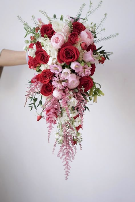 Red Pink White Bridal Bouquet, Pink Cascade Bouquet, Wedding Bouquets Red And Pink, Types Of Flowers For Wedding Bouquet, Cascading Wedding Bouquets Pink, Red Pink White Wedding Bouquet, Red And Pink Bridal Bouquet, Red Pink And White Roses Bouquet, Red And Pink Wedding Bouquet