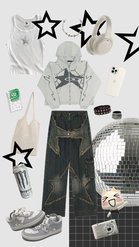 #outfitinspo #vibes #y2k #cool #outfit #clothes #inspo #star #stars Boys Outfits Aesthetic, Y2k Star, Masc Outfits, Star Clothing, Downtown Outfits, Cool Outfit, Clothes Korean Style, Y2k Clothing, Y2k Outfits