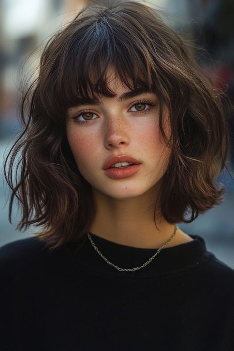 A young woman with short, wavy hair and bangs looking directly at the camera. Short Haïr Cut For Wavy Hair Girl, Hair Cuts Teen Girl, Short Haircut Low Maintenance, Short Haircuts For Girls Teens, Short Hair For Teenage Girl, Short Hairstyle Women Aesthetic, Julia Roberts Short Hair, Girls Haircut Short, Mid Short Hairstyle Women